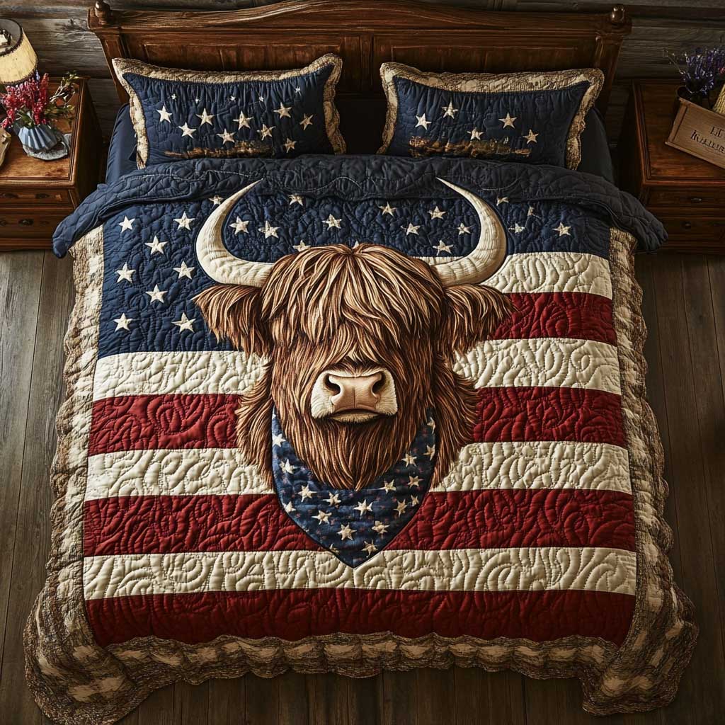 American Highland Cow Quilt Bedding Set King Comforter Rustic Gift for Adults