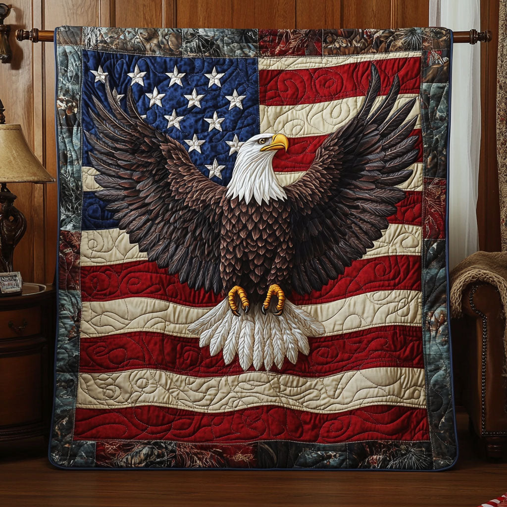 American Honor Quilt Blanket USA Flag Patriotic Bald Eagle Gifts For Dad
