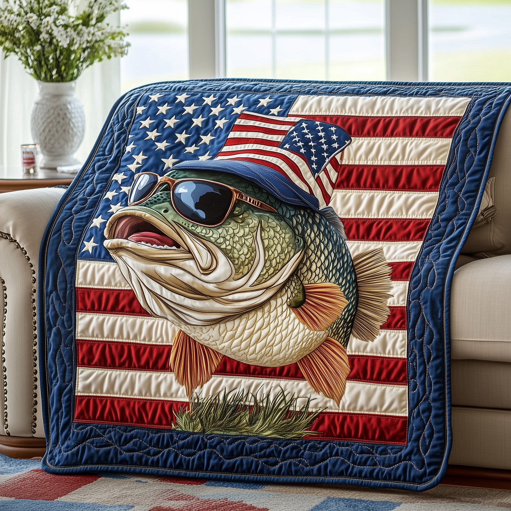 American Hooker Bass Fish Quilted Blanket USA Flag Style Gifts For Fishermen