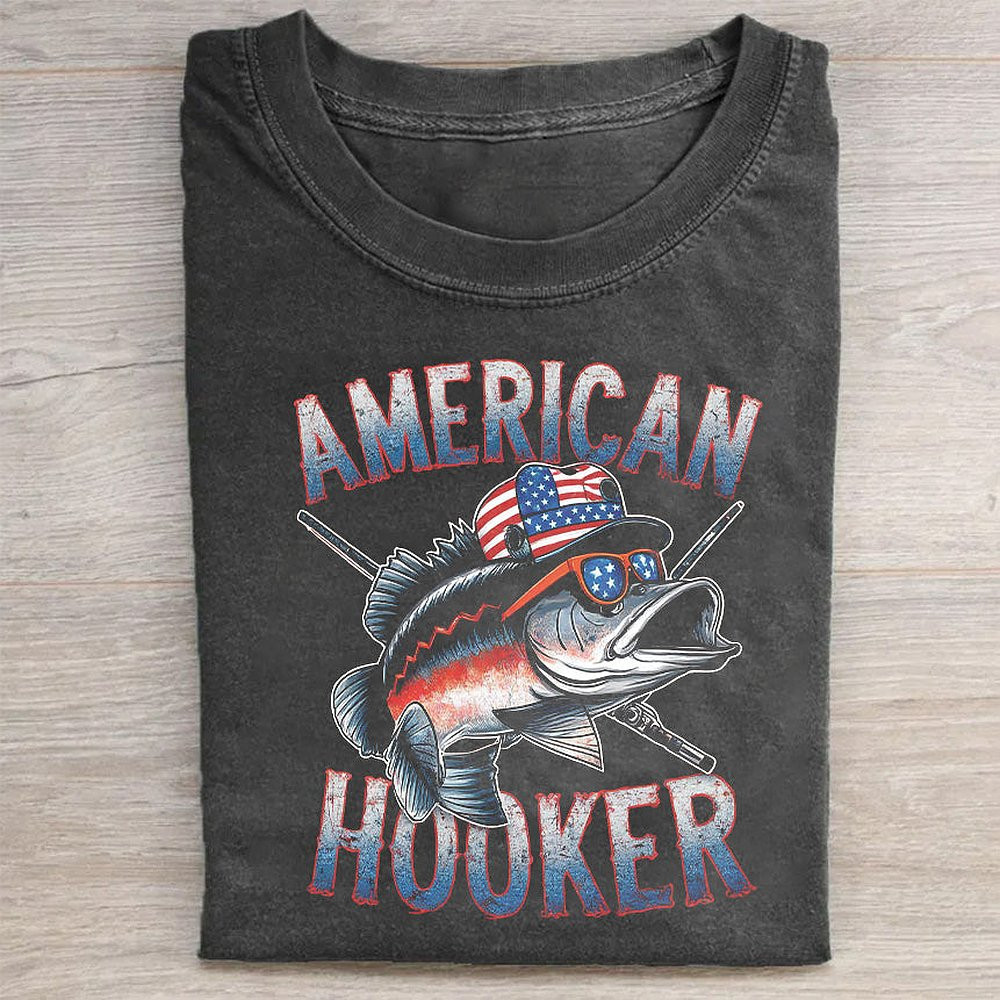 American Hooker Fishing Graphic T-Shirt Funny Fishing Tee For Men And Anglers