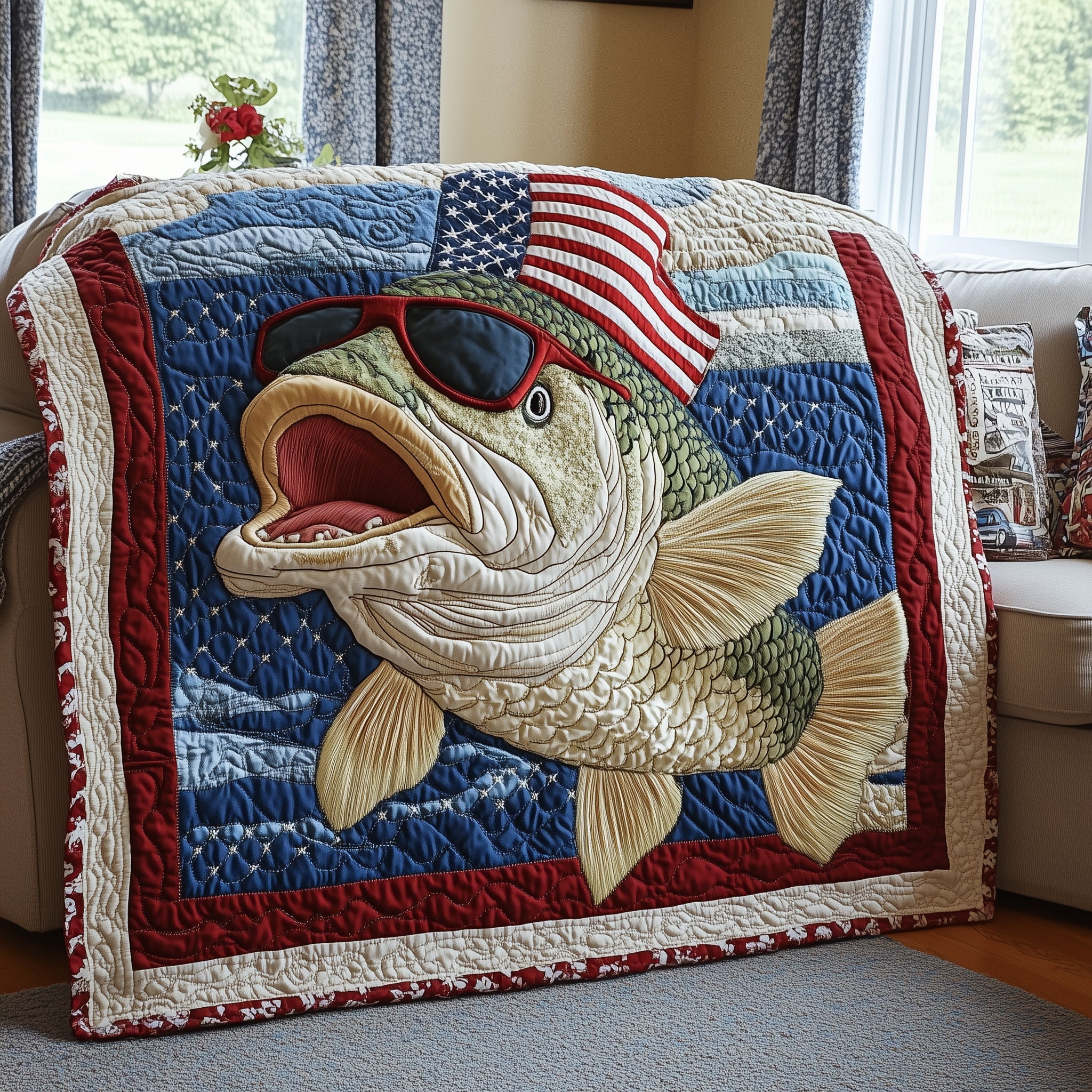 American Hooker Fishing Quilted Blanket Merchandise Throw BlanketBest Fishing Stuff Theme Gifts