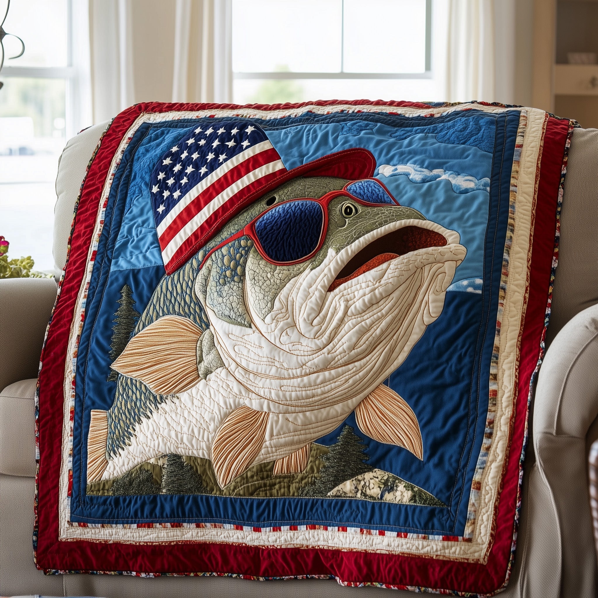 American Hooker Fishing Quilted Blanket Merchandise Throw BlanketCool Gifts For Fishing Lovers