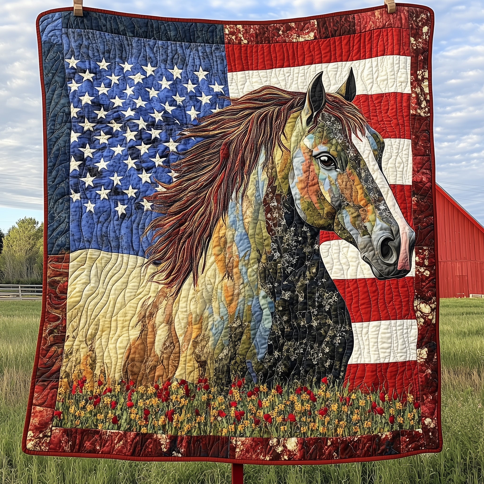 American Horse Quilted Blanket Merry Christmas Quilt Blanket Decor