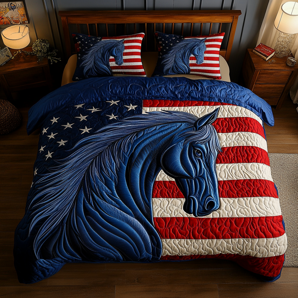 American Mustang Quilted Bedding Set Aesthetic Room Decor Horse Christmas Presents