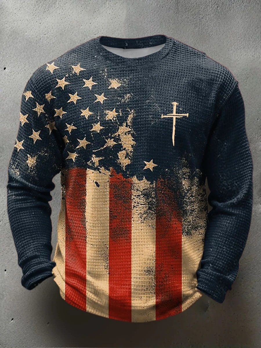 American Nail Cross Waffle Long Sleeve Shirt Men Christian Faith Apparel Best Gift Ideas