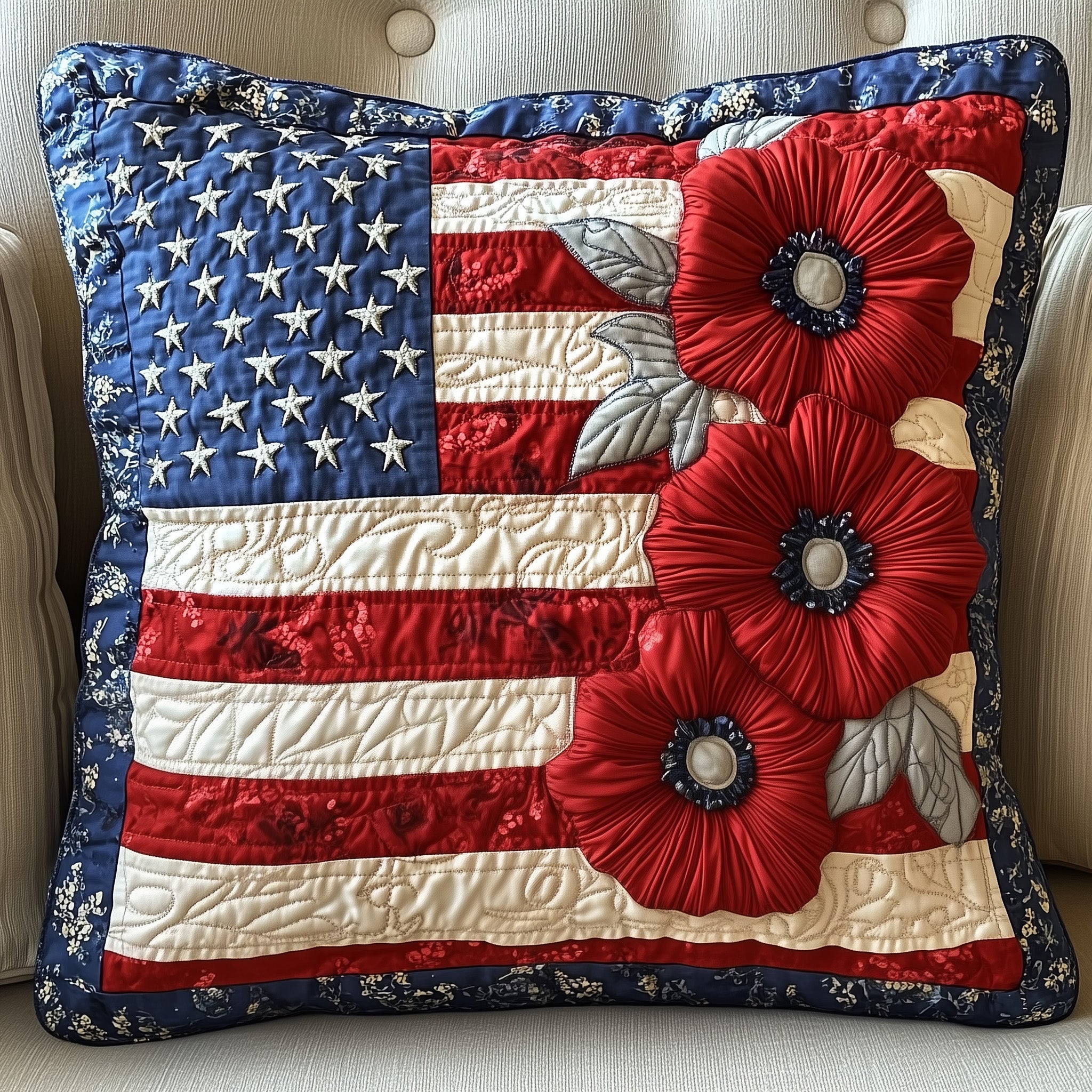 American Poppy Quilted Pillow Case Throw Pillow Cover ItemGifts For A Patriotic Person