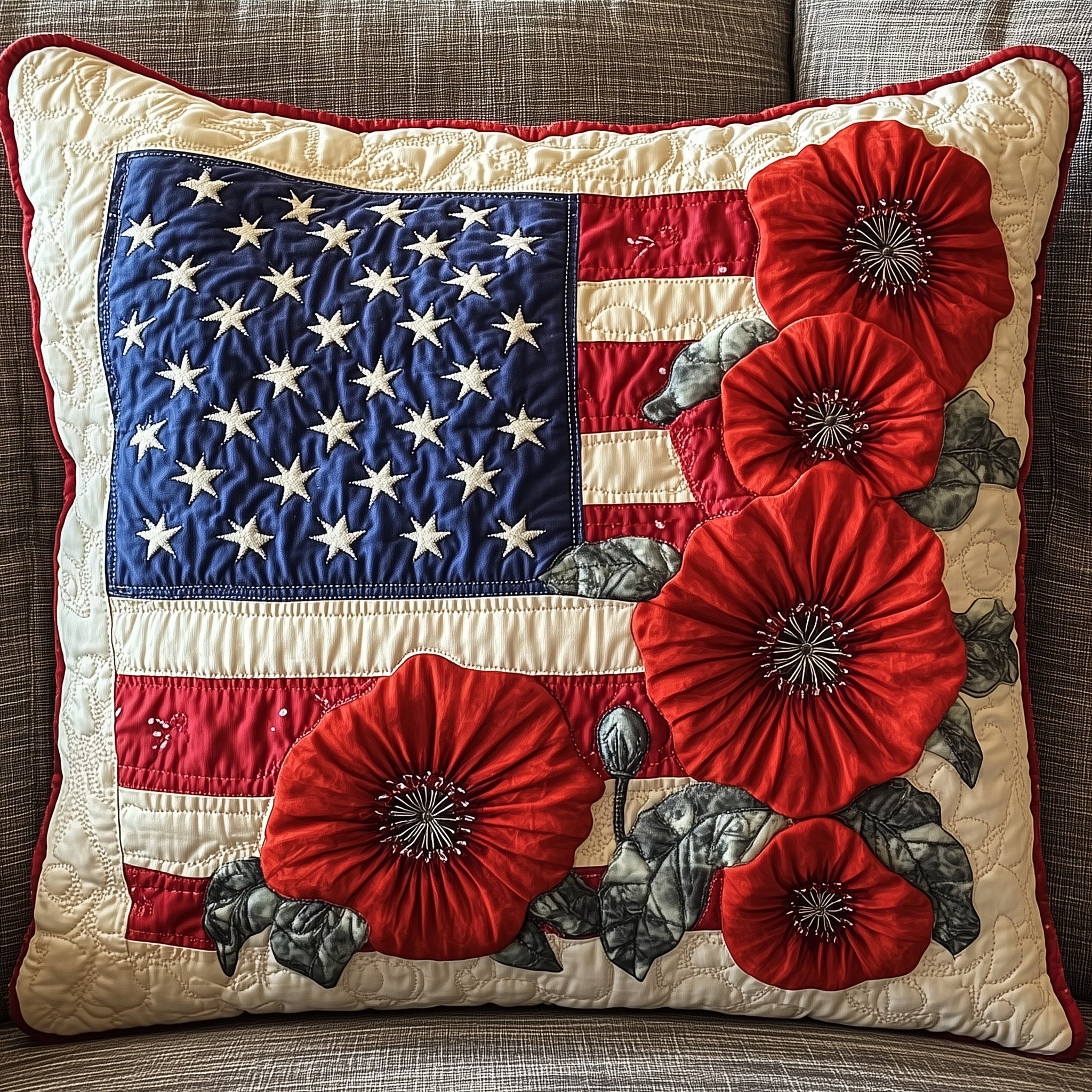 American Poppy Quilted Pillow Case Throw Pillow Cover ItemPatriotic Gifts For Women