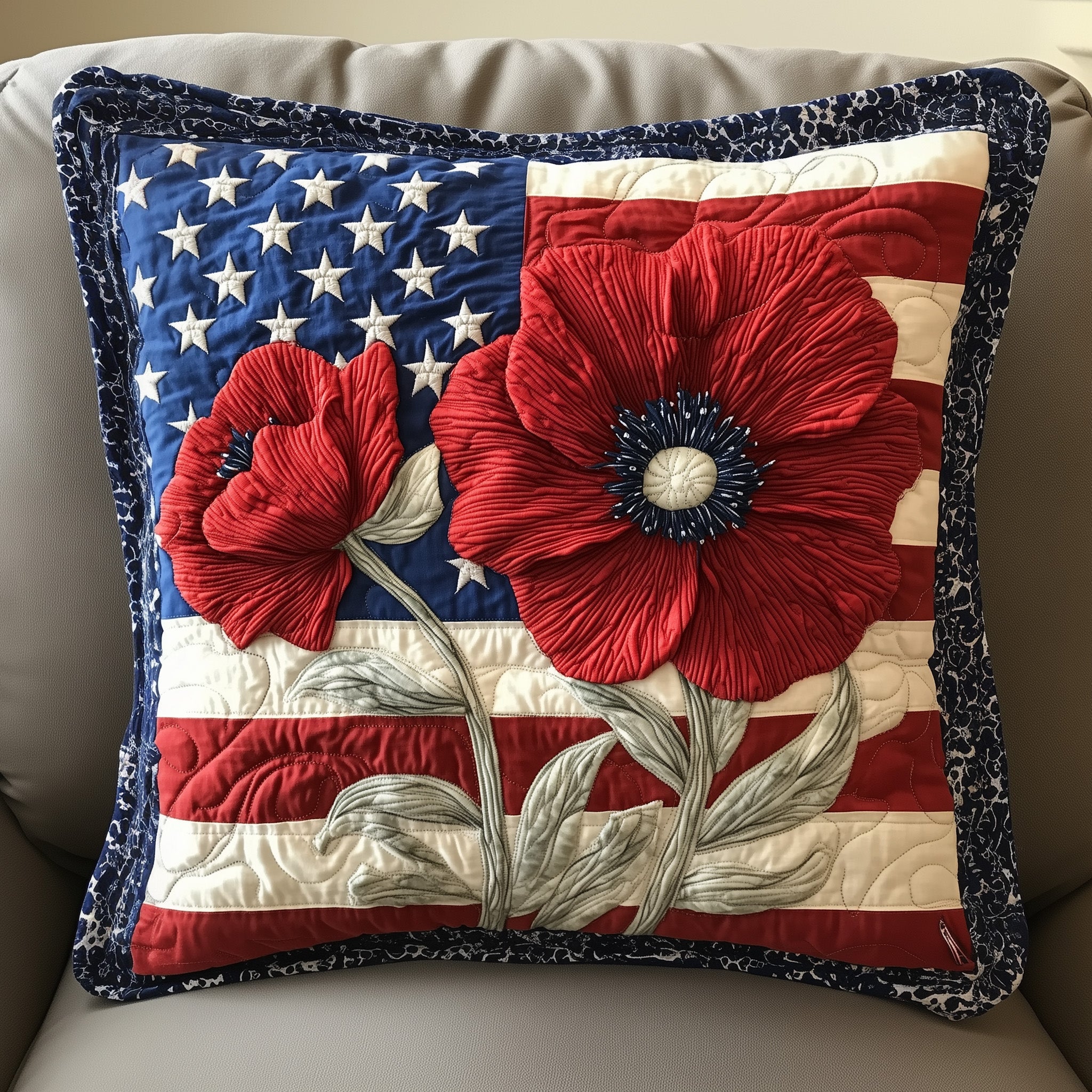 American Poppy Quilted Pillow Case Throw Pillow Cover ItemUnique Patriotic Gifts