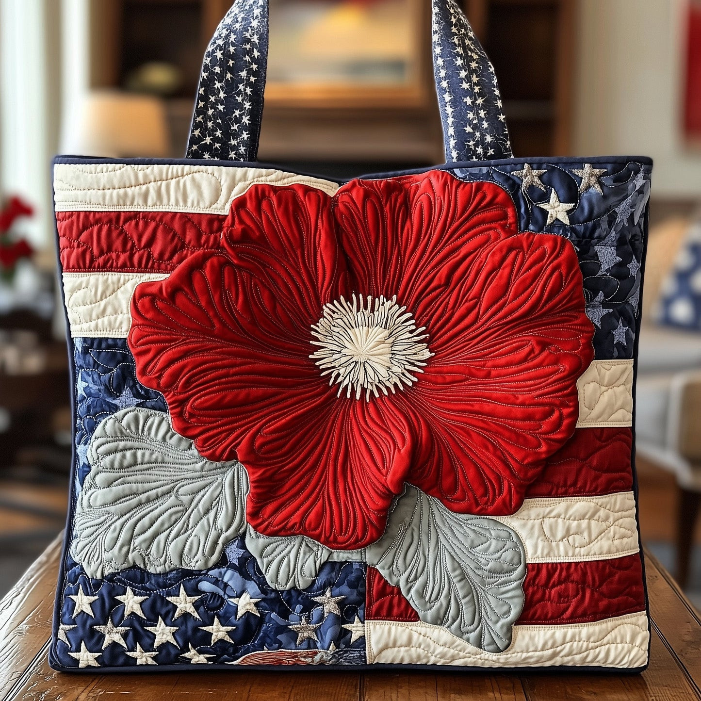 American Poppy Quilted Tote Bag Patriotic Floral Shopping Bag Best Gift For Women