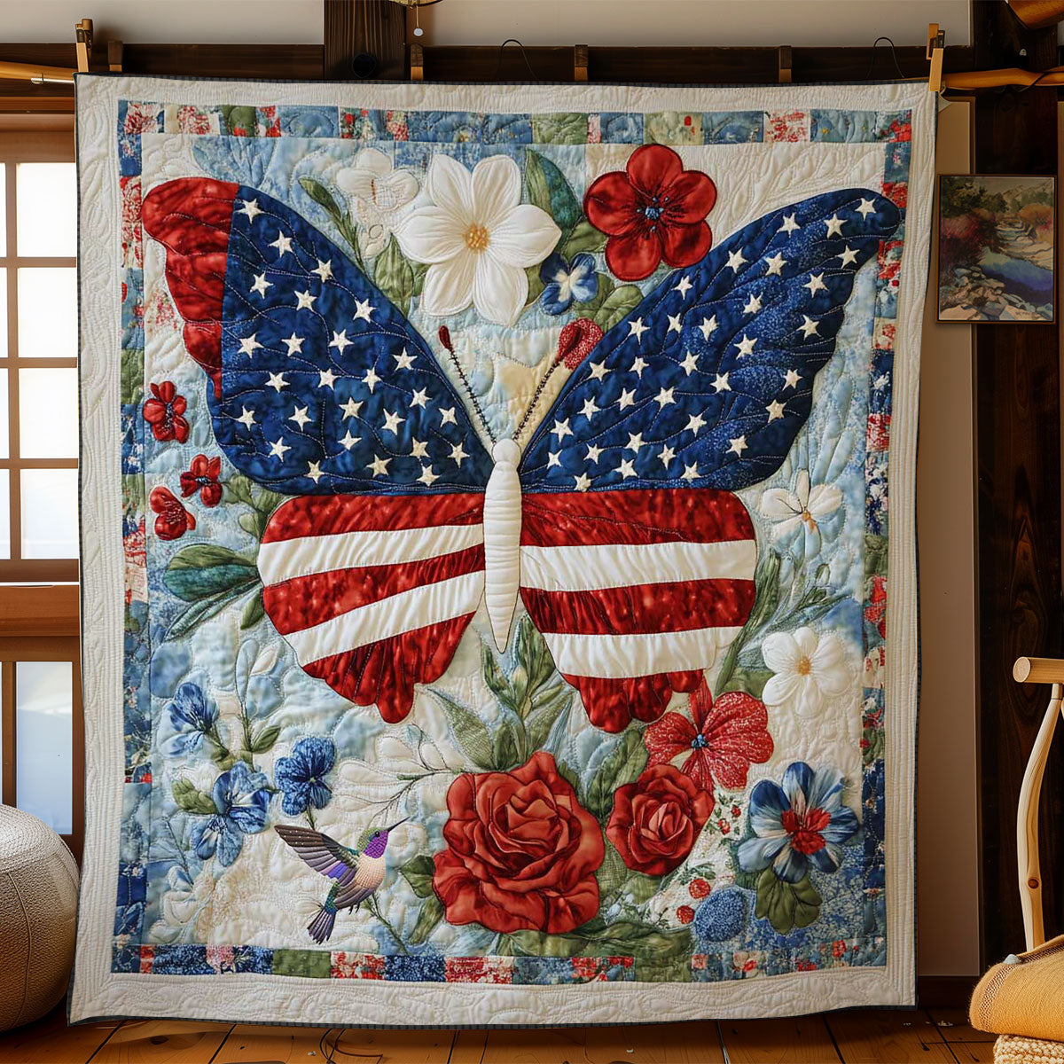 American Pride Butterfly Quilt Blanket USA Flag Patriotic Butterfly Gifts For Women
