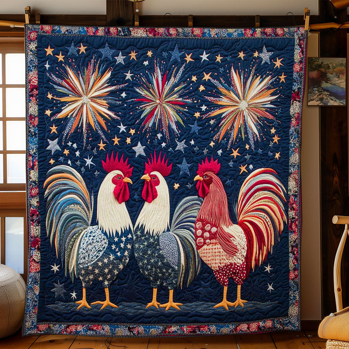 American Pride Rooster Quilt Blanket Fireworks Patriotic Country Farmhouse 4th of July Gifts