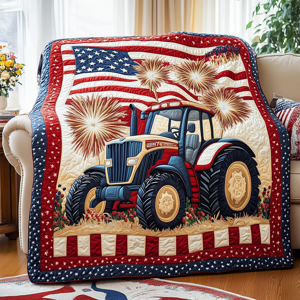 American Pride Tractor Quilted Blanket USA Flag Design Farmer Tractor Gifts For Him