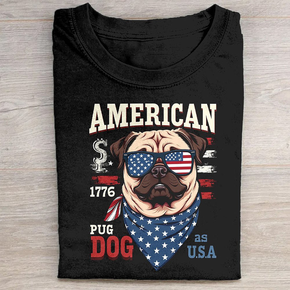 American Pug Dog USA Flag Patriotic T-Shirt Funny Dog Lover Tee For 4th Of July