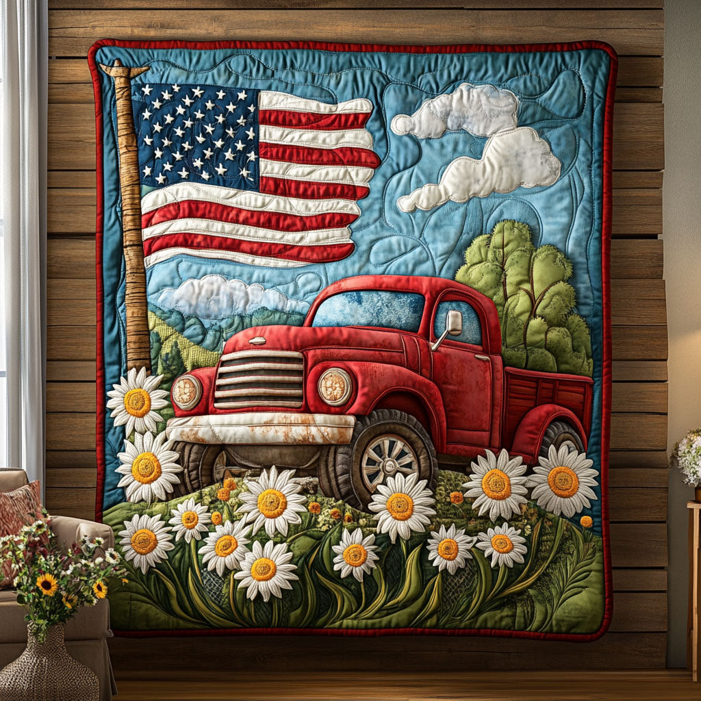 American Red Truck Quilt Blanket USA Flag Christmas Presents For Farmers