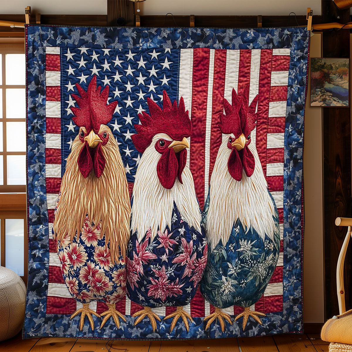 American Rooster Pride Quilt Blanket USA Flag Best Gifts For Chicken Owners