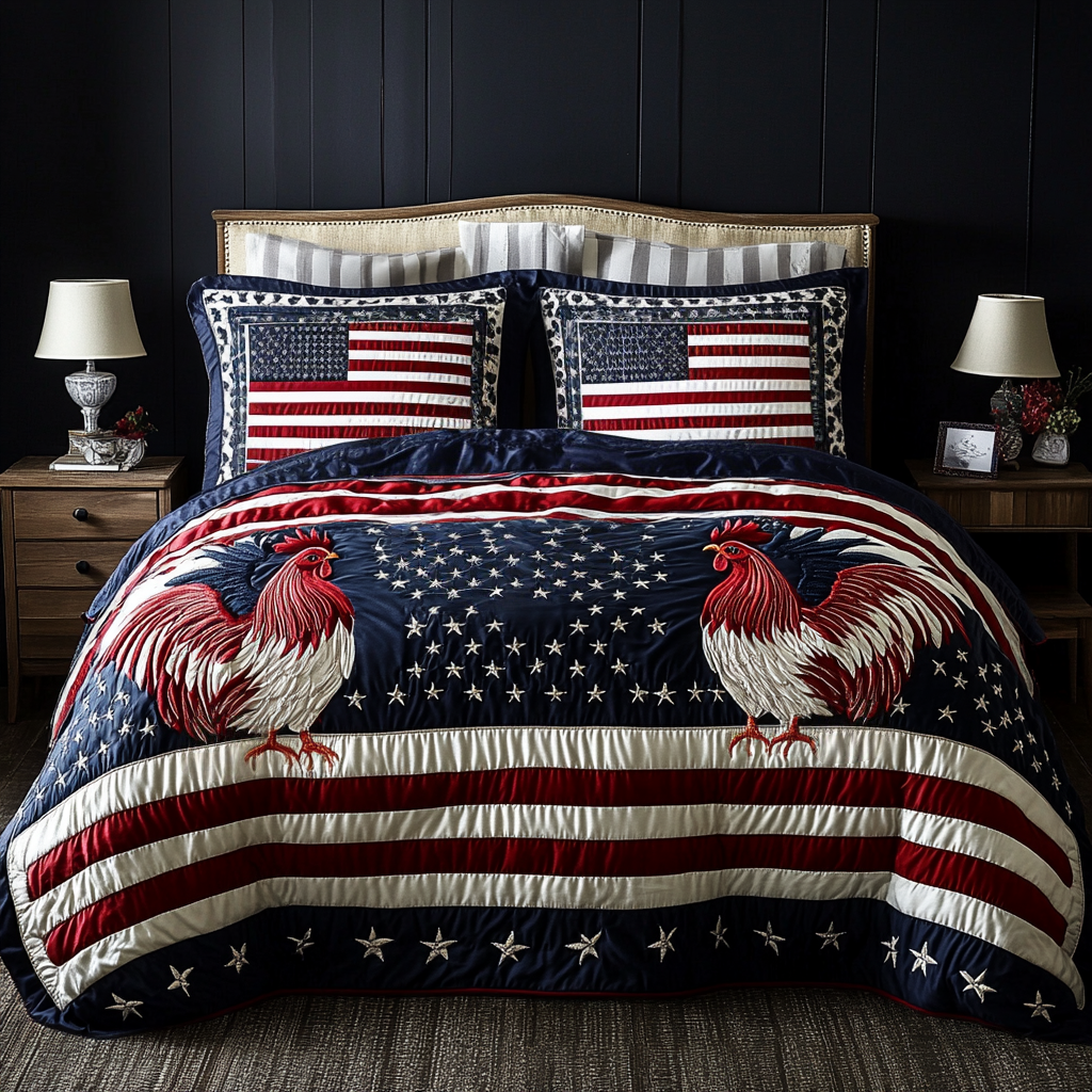 American Rooster Quilted Bedding Set Cool Bedroom Decor Chicken Gifts For Him Her