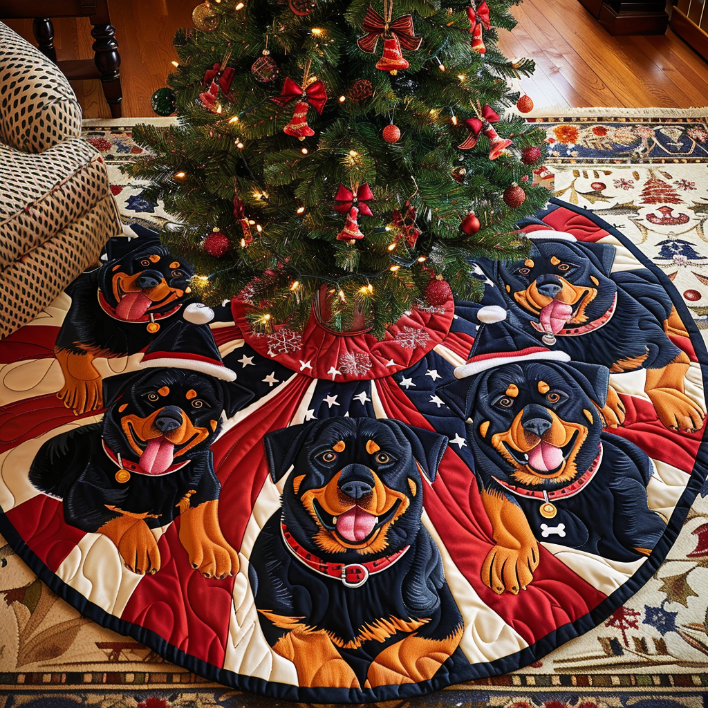 American Rottweiler Spirit Christmas Quilted Tree Skirt Custom Christmas Tree Skirt Merch for Your Family