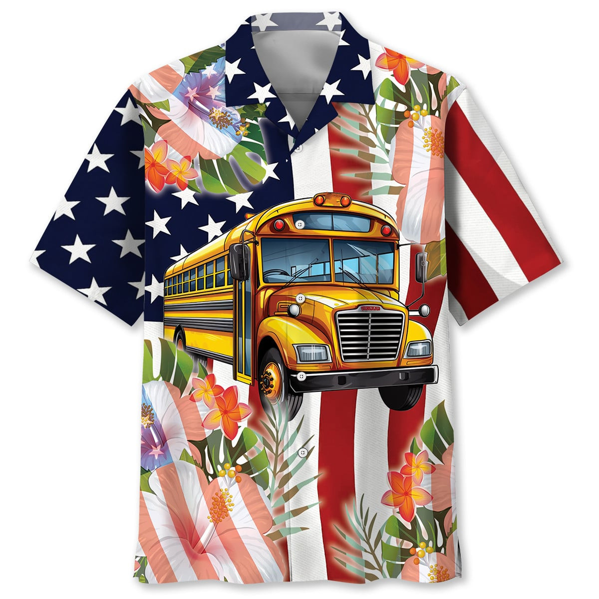 American School Bus Tropical Hawaiian Shirt Fun Patriotic Summer Clothing Gift Ideas