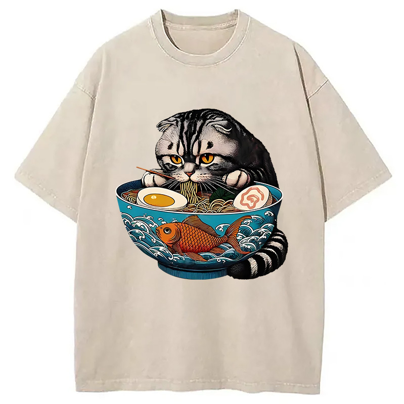 American Shorthair Cat Eating Ramen Washed T-Shirt Trendy Aesthetic Graphic Apparel Gifts For Best Friend