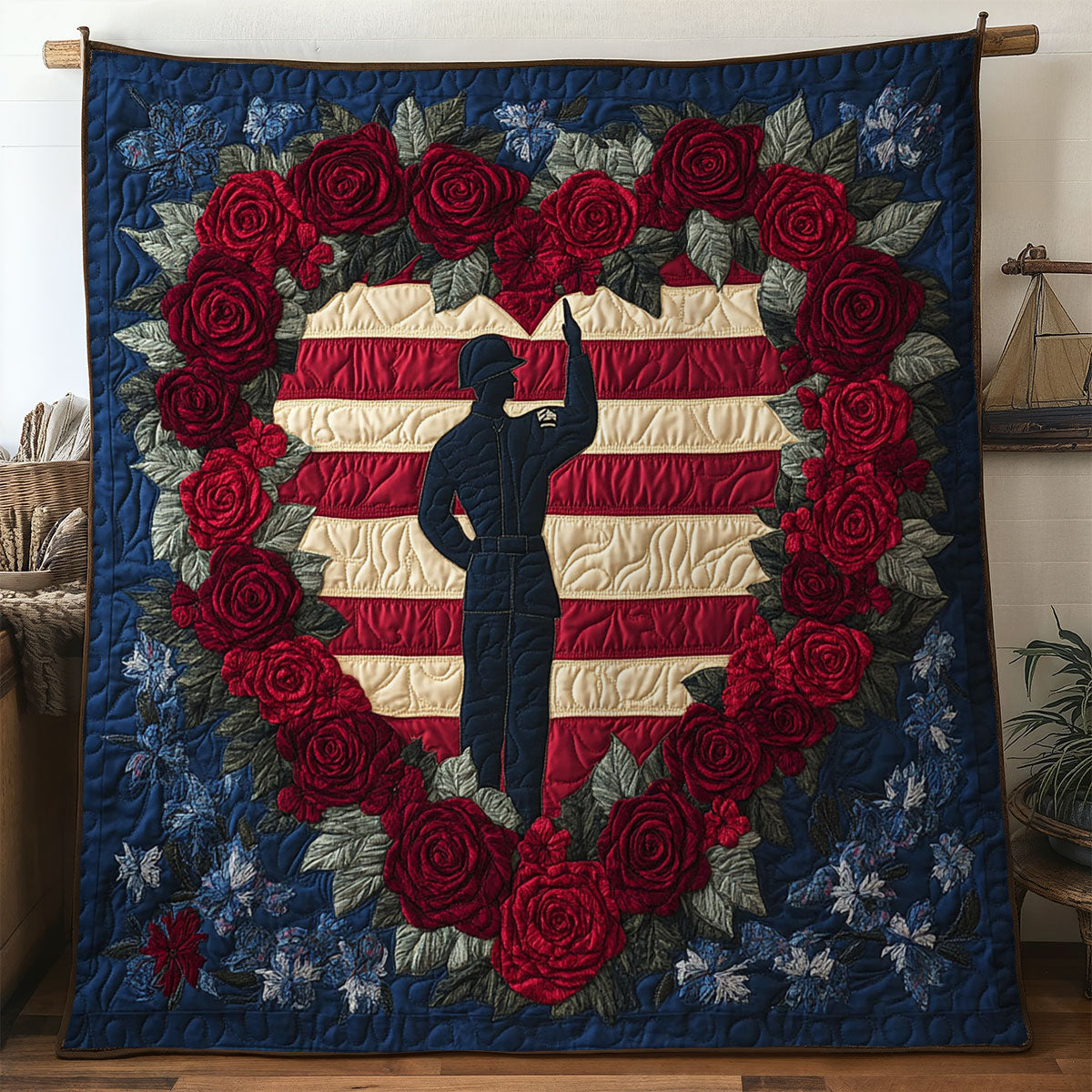 American Soldier Heart Quilt Blanket USA Flag Patriotic Gifts With Anchors On Them