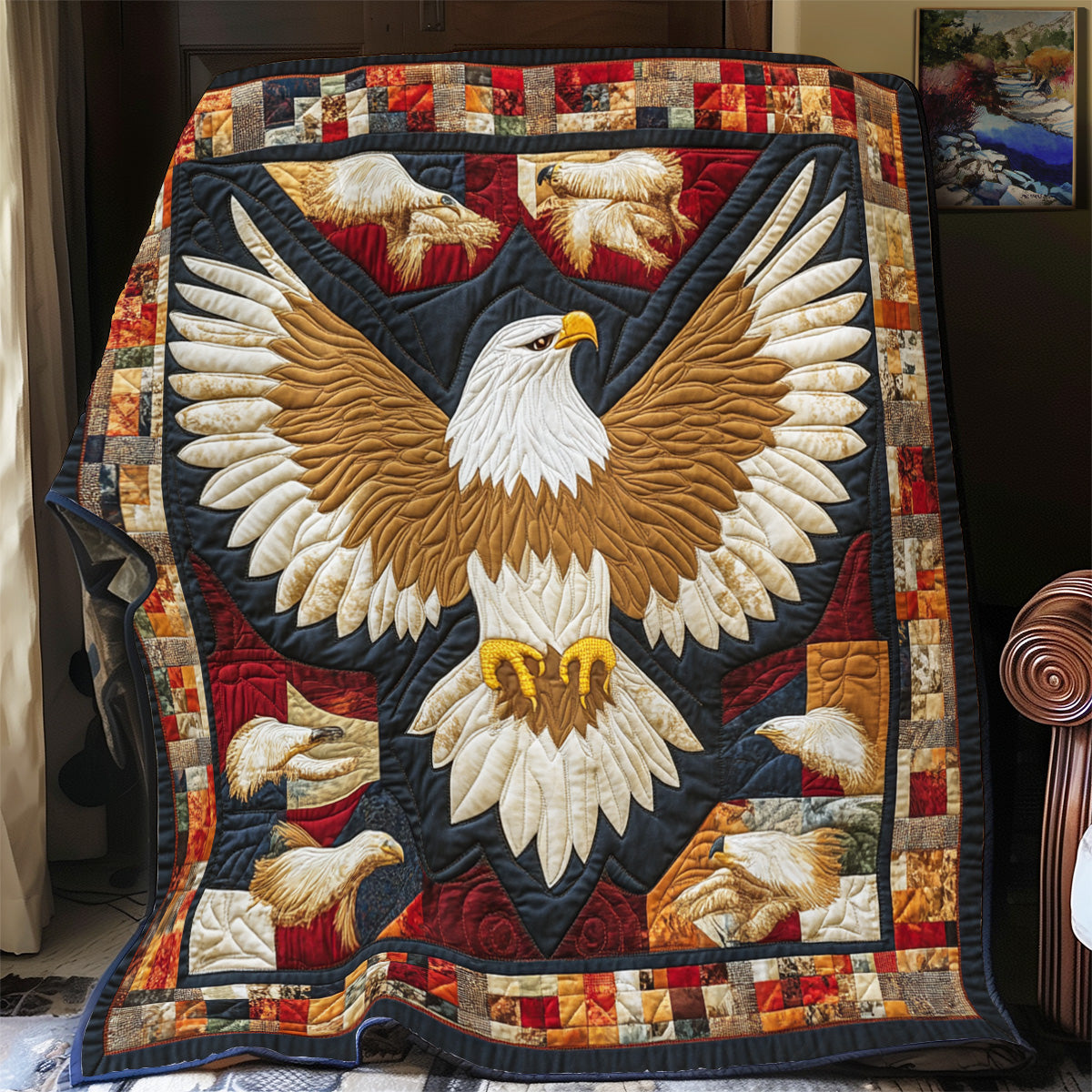 American Spirit Quilt Blanket Wings Spread USA Flag Design Veteran Gifts