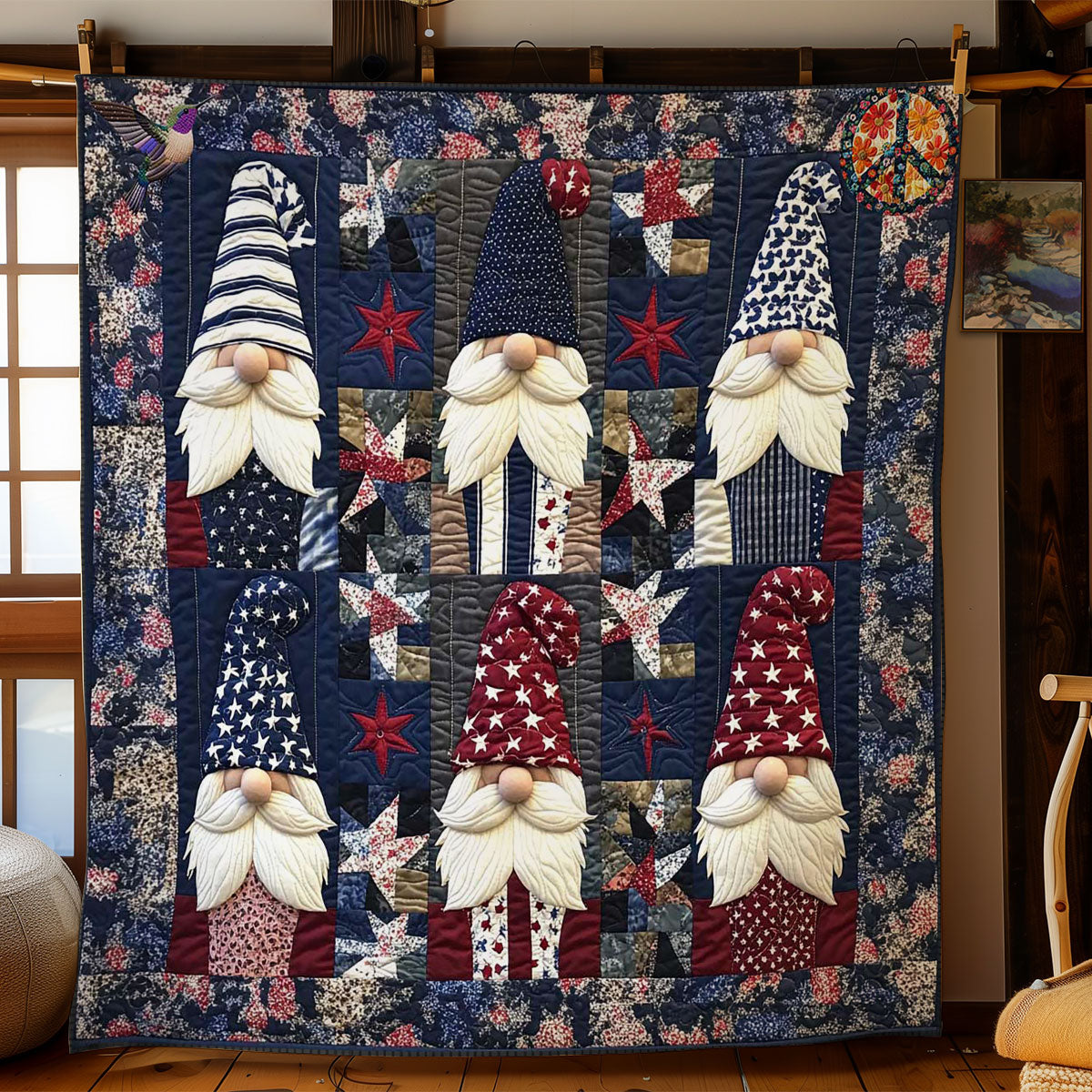 American Star Gnome Quilt Blanket American Flag Stars Country 4th of July Gifts