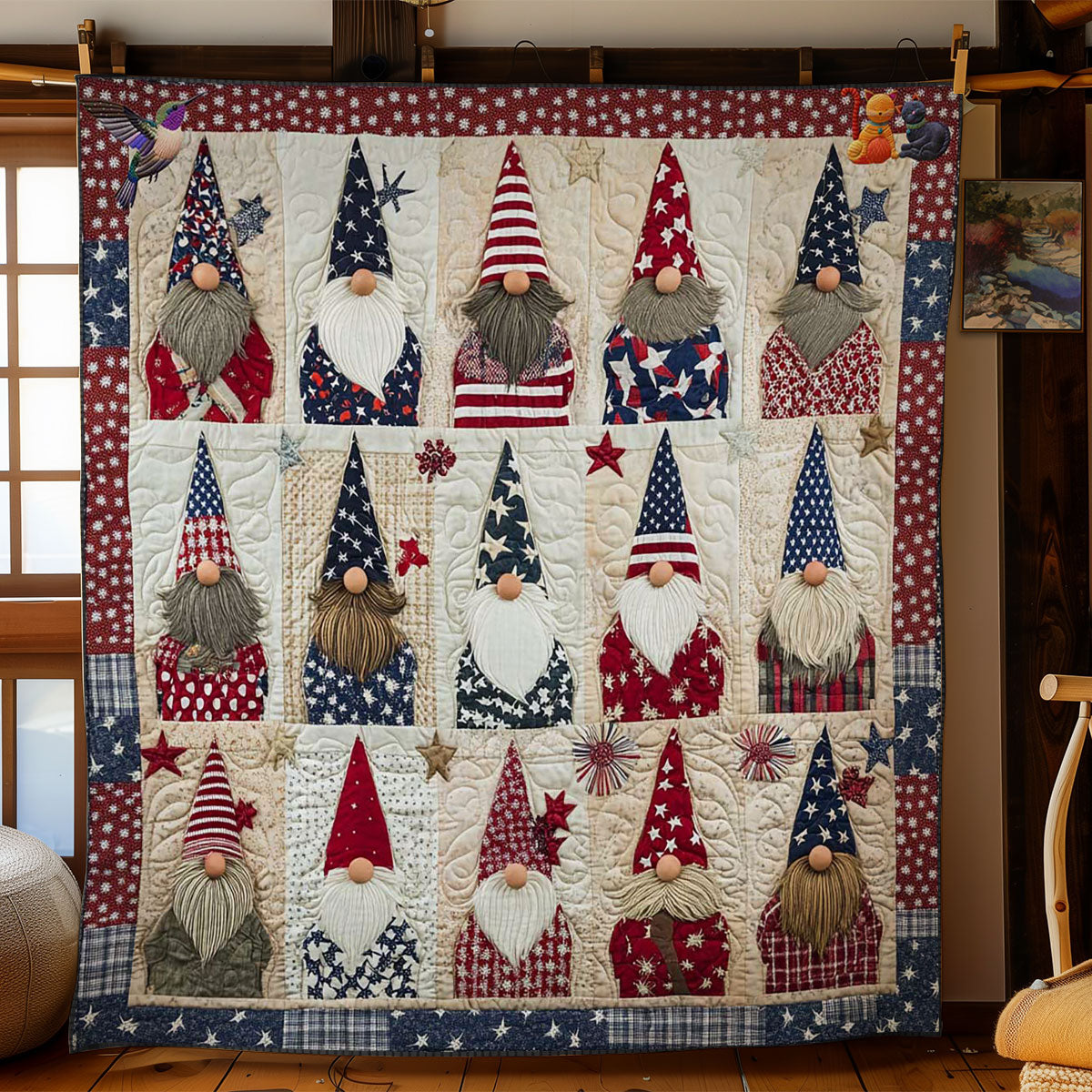 American Star Gnome Quilt Blanket Rustic Farmhouse 4th of July Gifts For Gnome Lovers