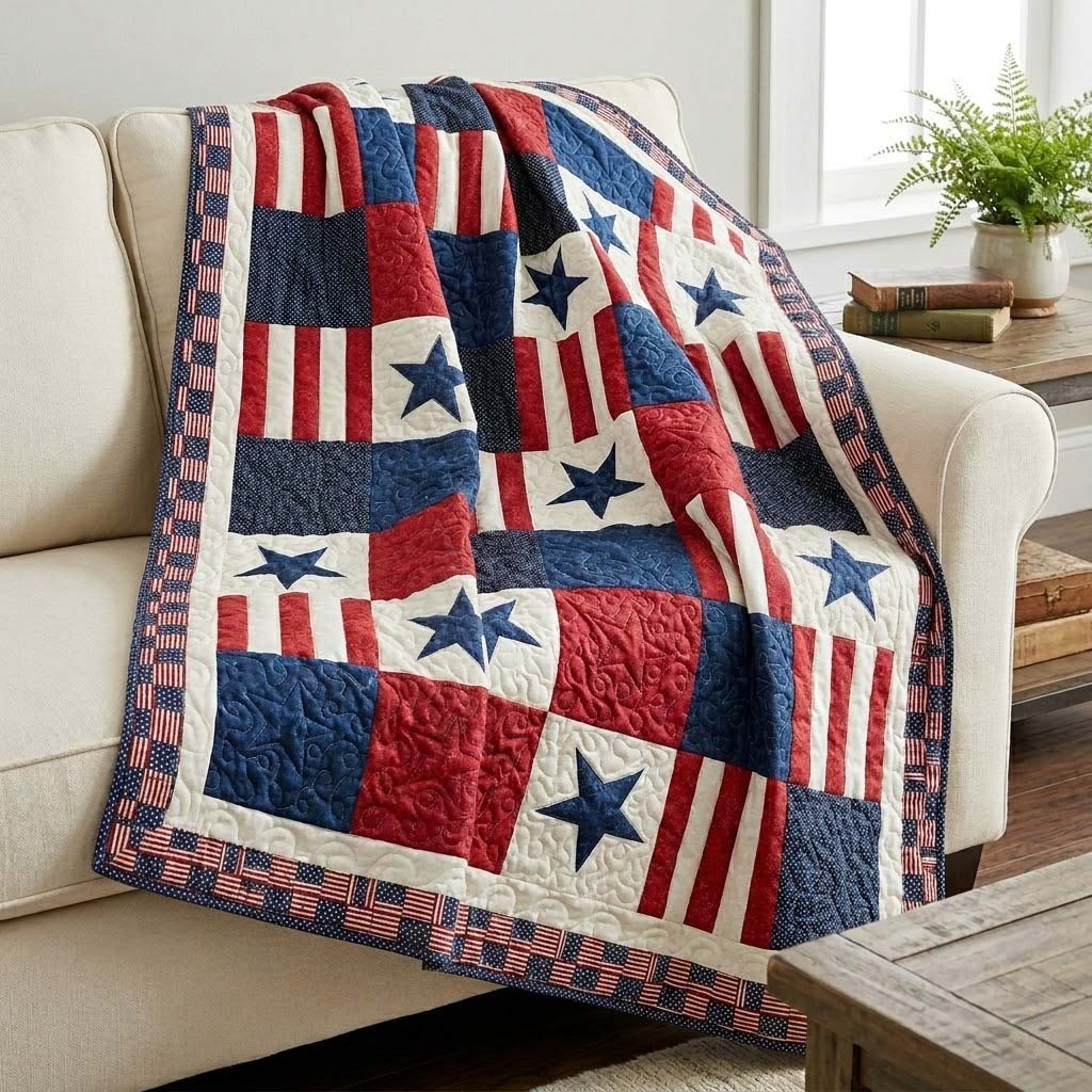 American Stars Stripes Quilted Blanket Patriotic Patchwork Decor Best Gift For USA Lover