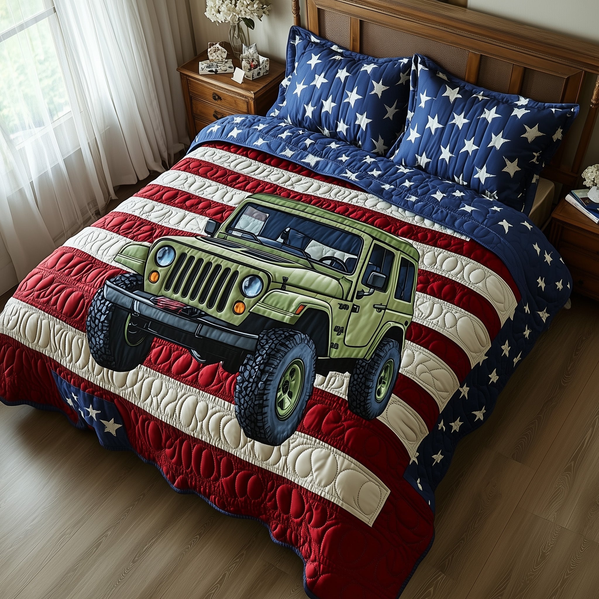 American Steel Quilted Bedding Set Duvet Cover Merchandise Jeep Gifts For Her