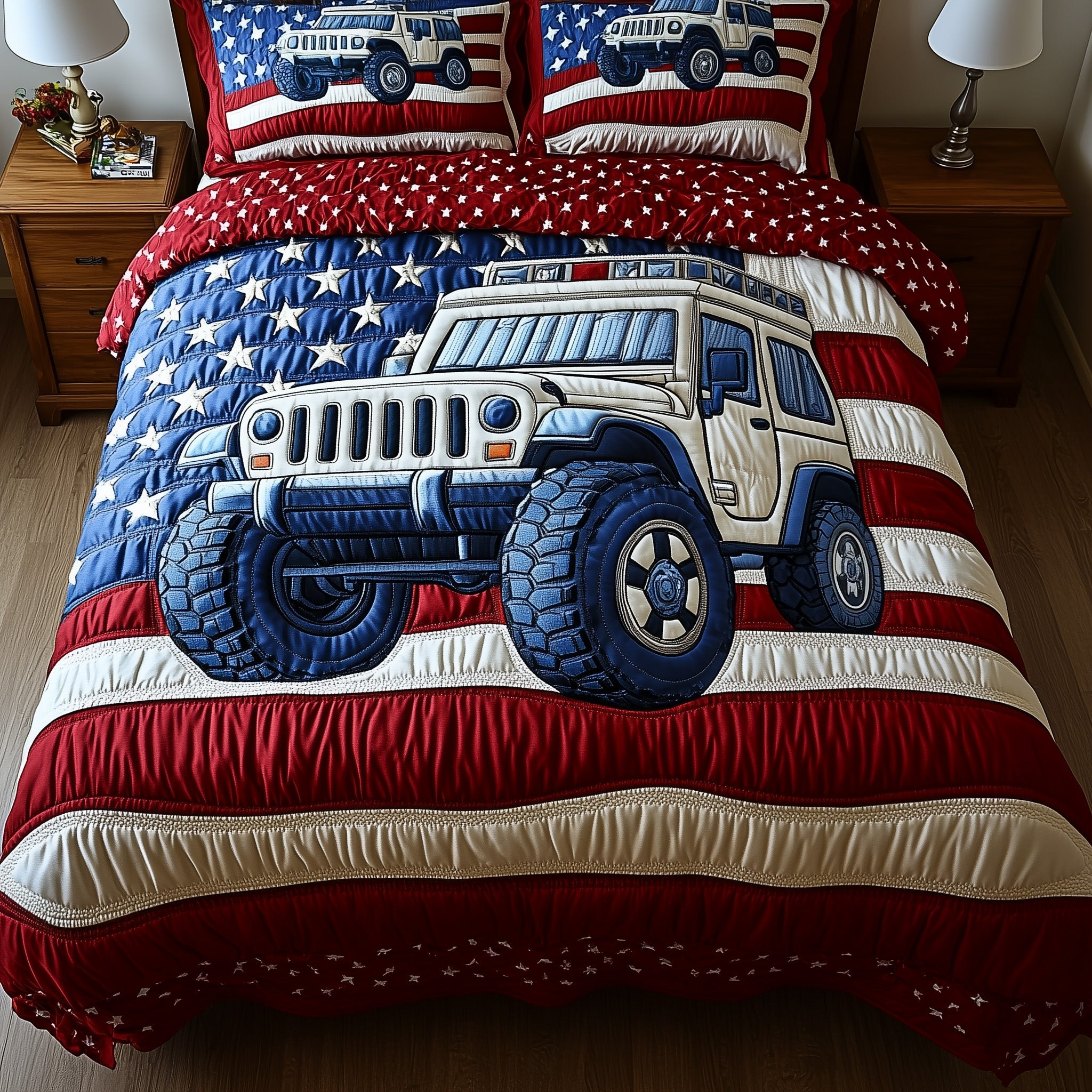 American Steel Quilted Bedding Set Duvet Cover Merchandise Jeep Gifts For Him