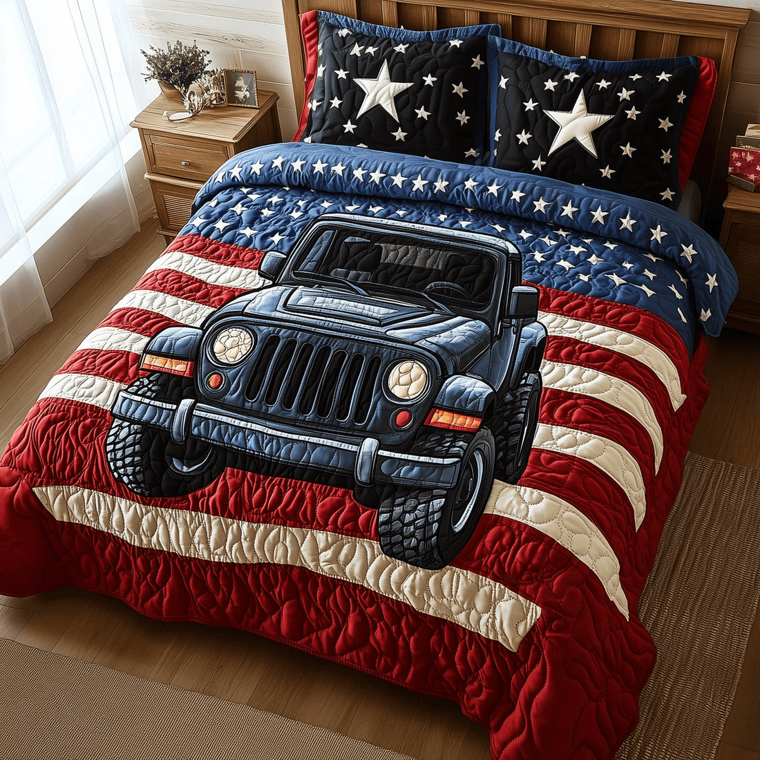 American Steel Quilted Bedding Set Patriotic Star Duvet Covers Father's Day Gifts For Husband