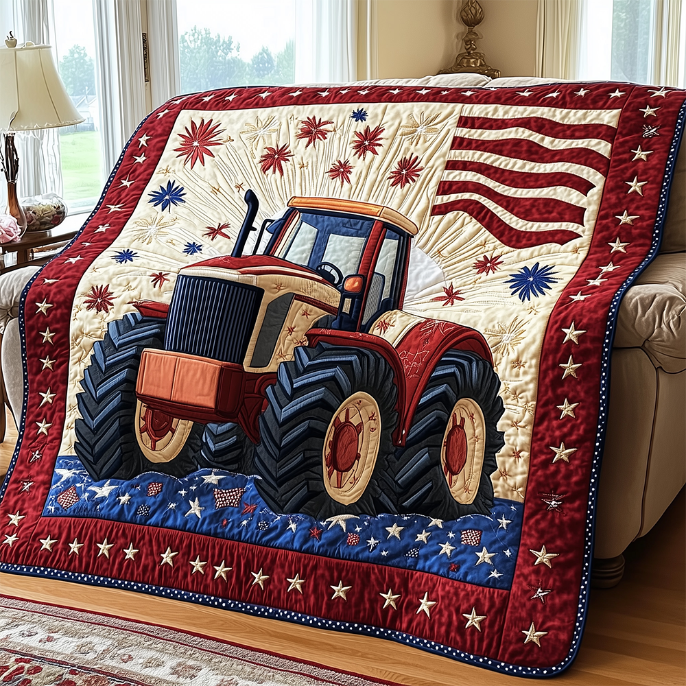 American Tractor Classic Quilted Blanket Patriotic Farm Tractor Gifts For Him