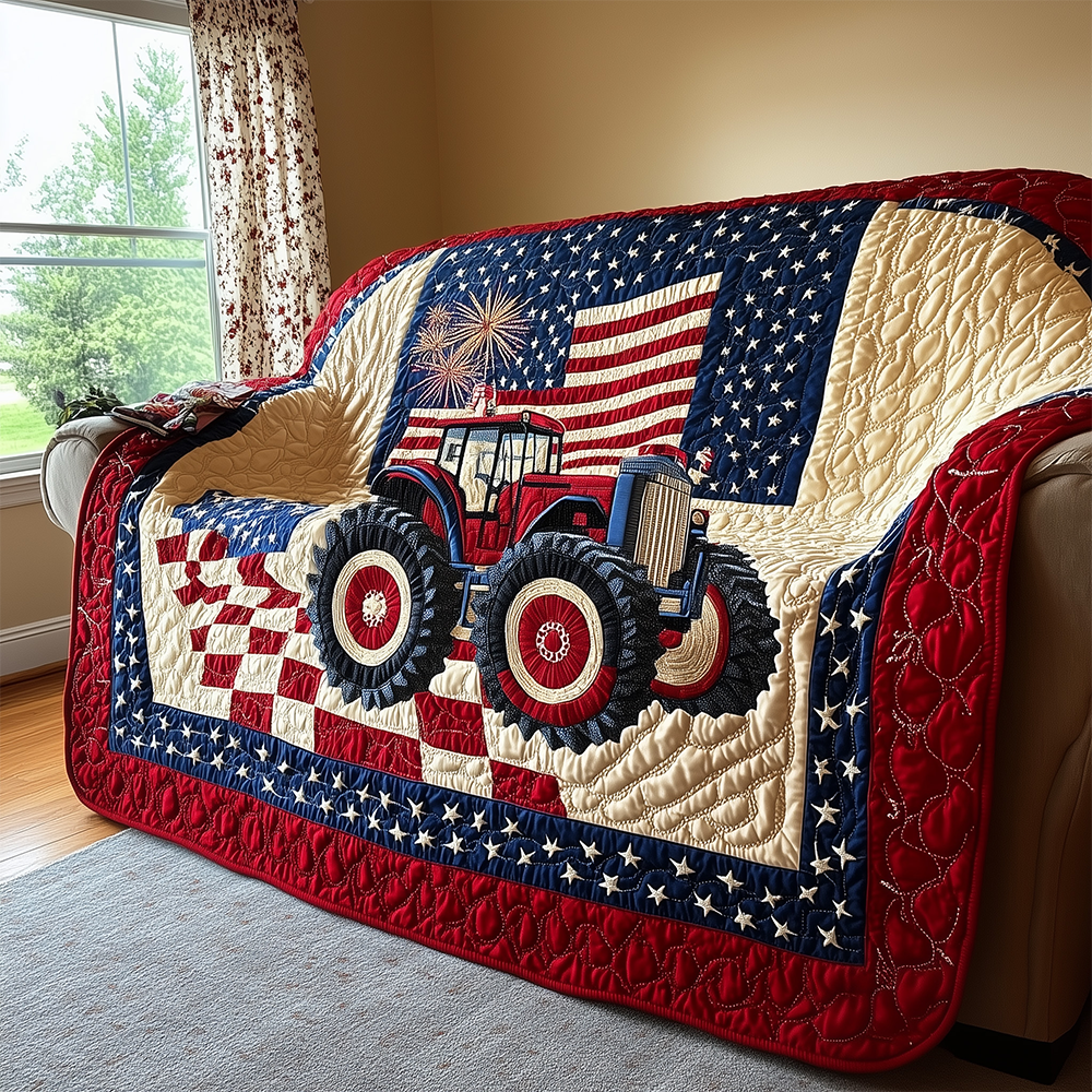 American Tractor Patriotic Quilted Blanket Red Farm Vehicle USA Flag Design Farmer Tractor Gifts