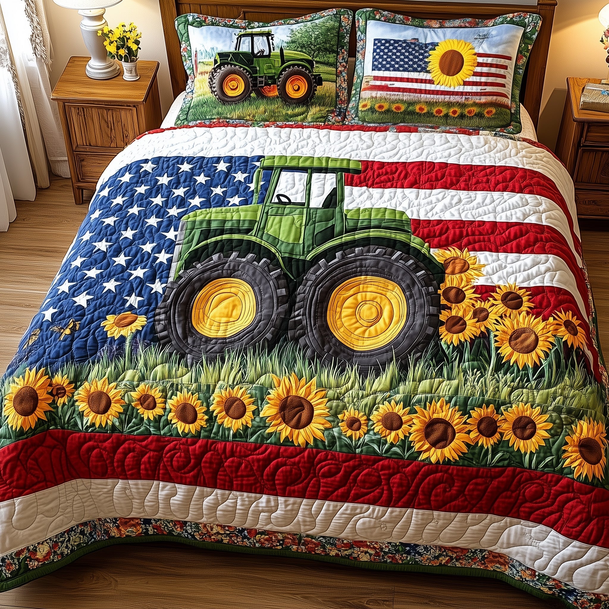 American Tractor Quilted Bedding Set Duvet Cover Merchandise Tractor Themed Gifts For Adults