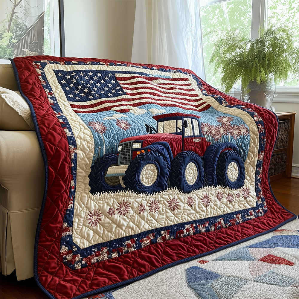 American Tractor Red Quilted Blanket Farmhouse USA Flag Theme Perfect Farmer Tractor Gifts