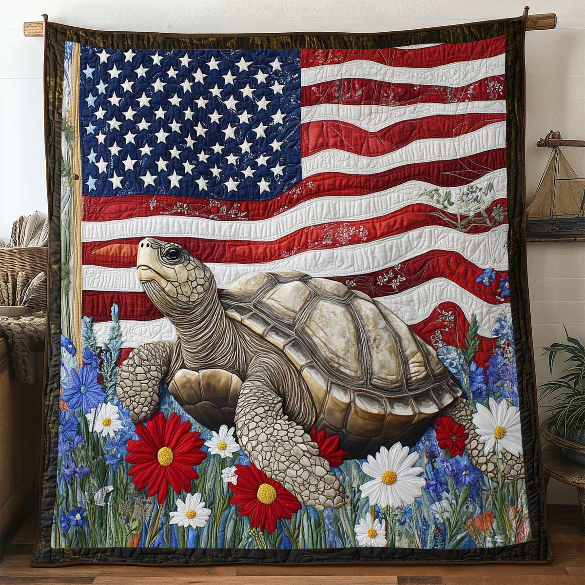 American Turtle Bloom Quilt Blanket American Flag Best Gifts For Turtle Lovers