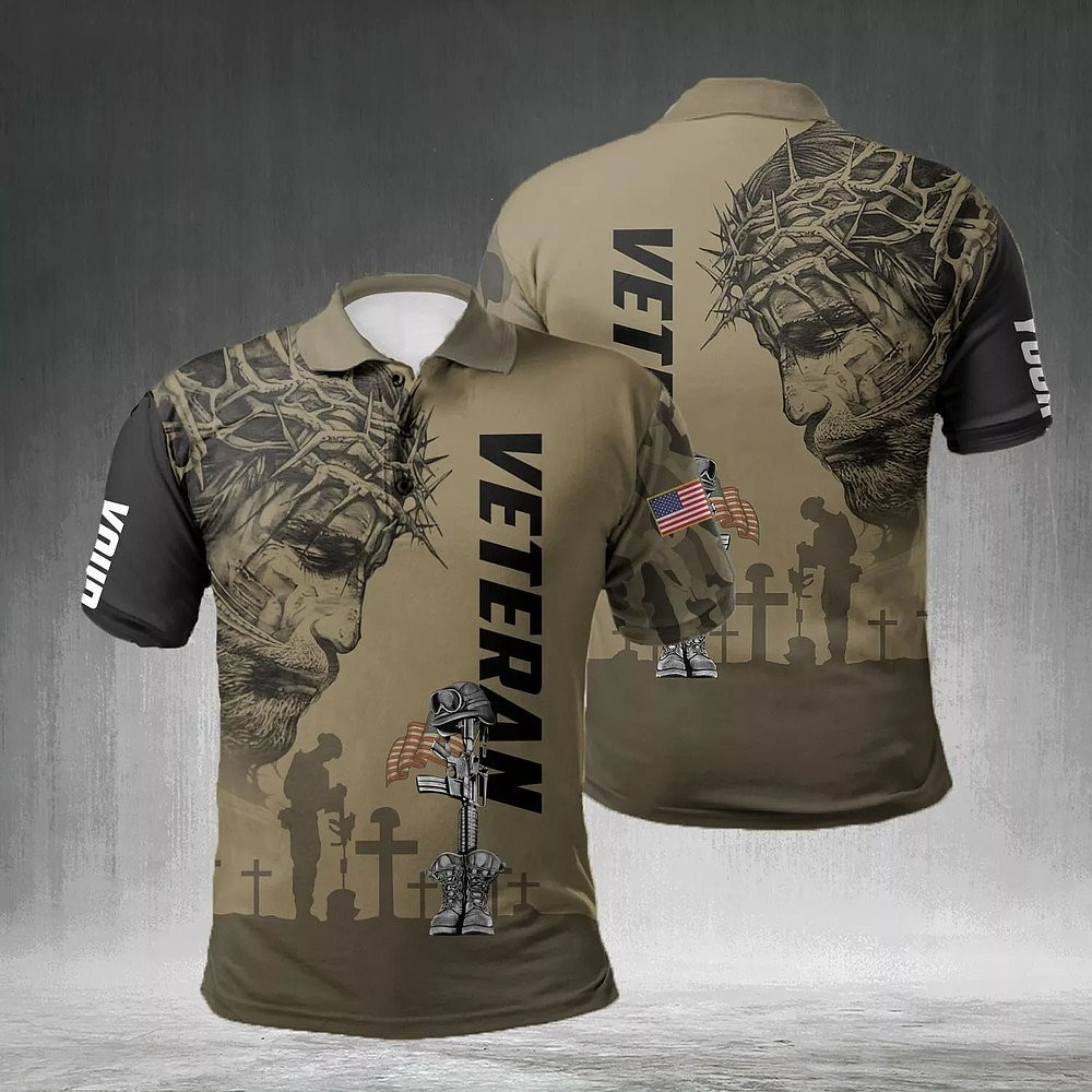 American Veteran Jesus Christian Polo Shirt Patriotic Apparel Gifts For Veteran