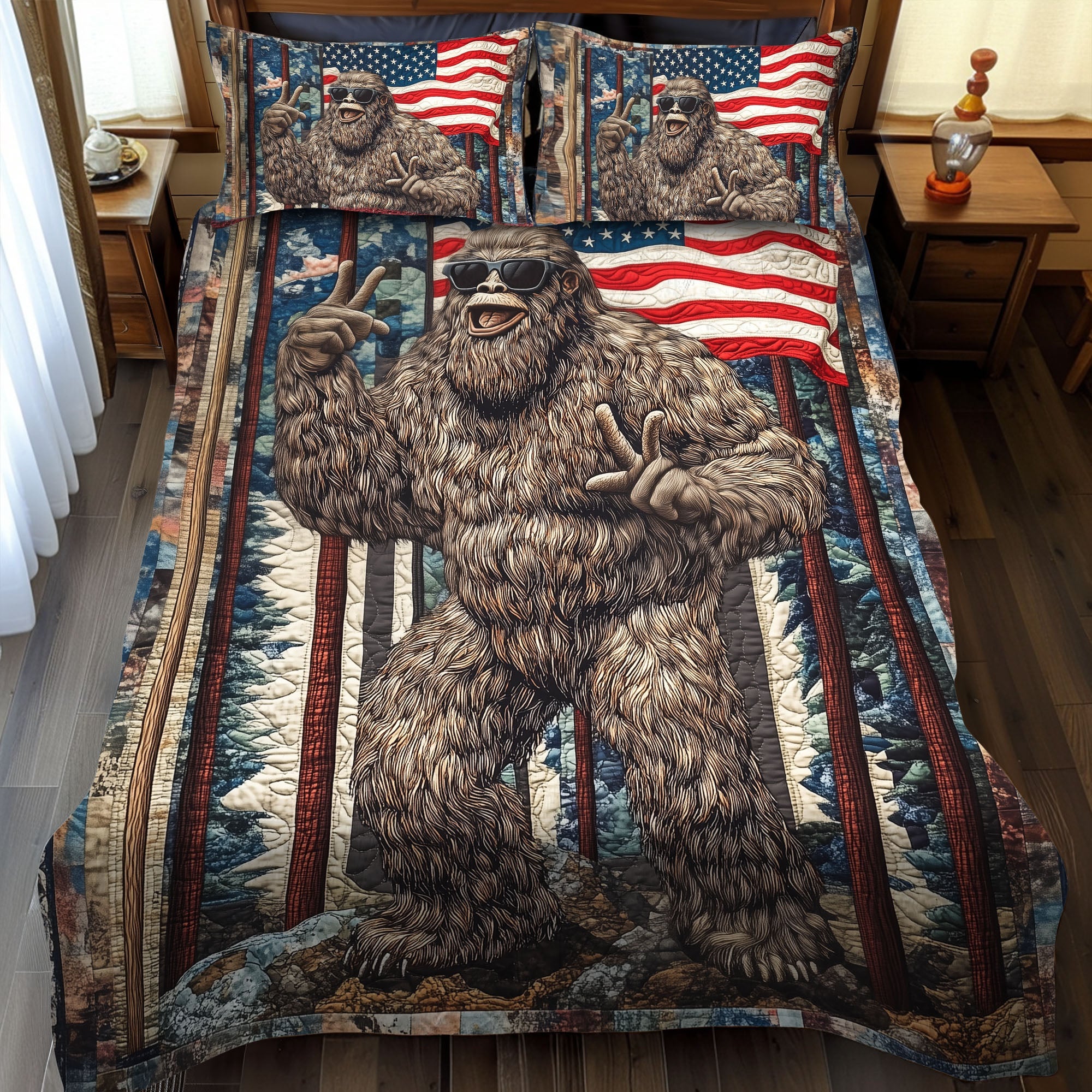 American Wildman Quilted Bedding Set Cute Room Decor Bigfoot Gifts For Him