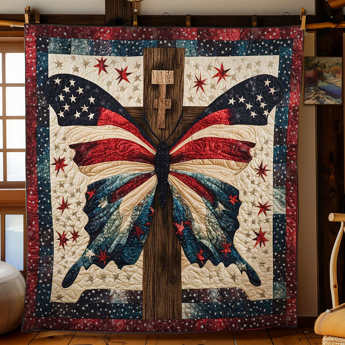 American Wings Butterfly Quilt Blanket American Flag Cross Christian Butterfly Theme Gifts