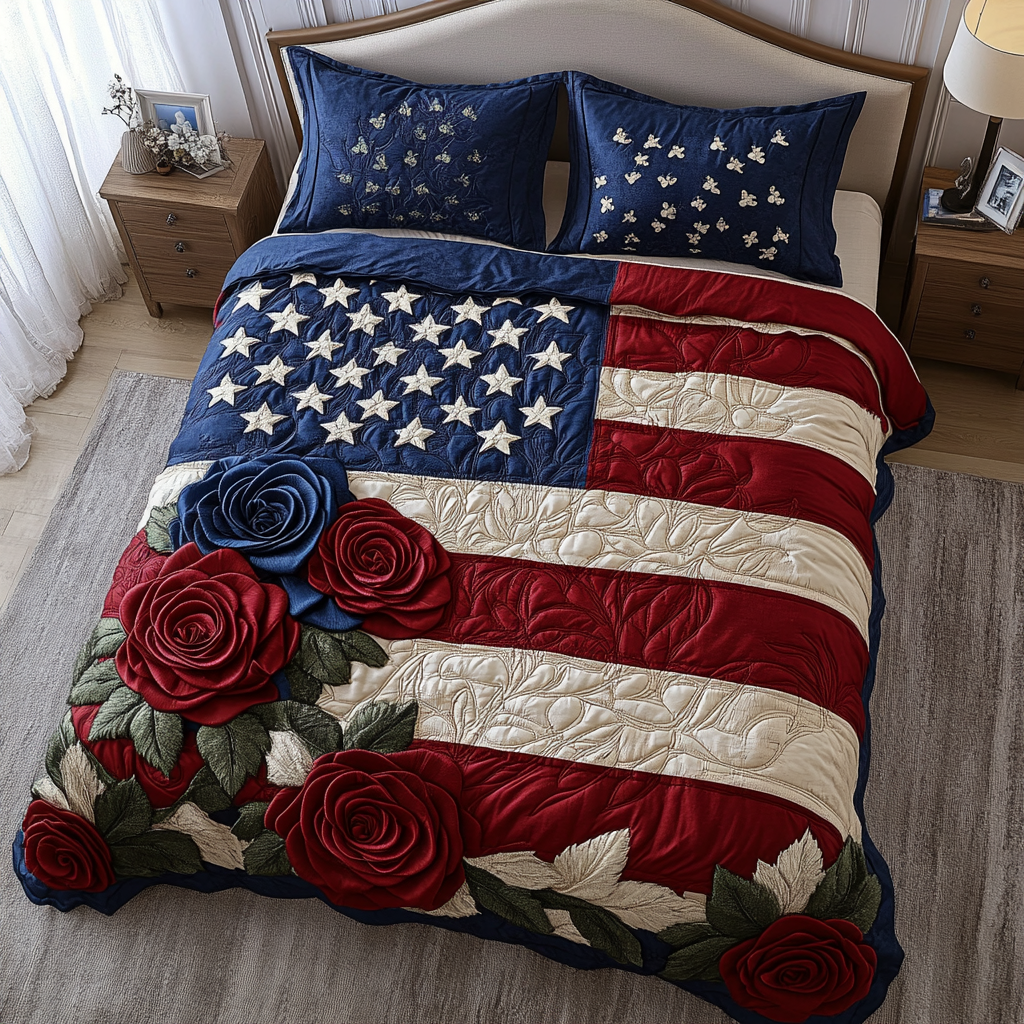 Americana Bloom Quilted Bedding Set Bed Decorations Patriotic Christmas Gifts