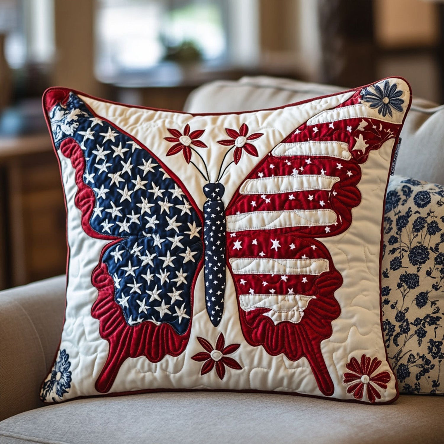 Americana Butterfly Quilted Pillow Case Holiday Pillow Case Butterfly Birthday Gift Ideas