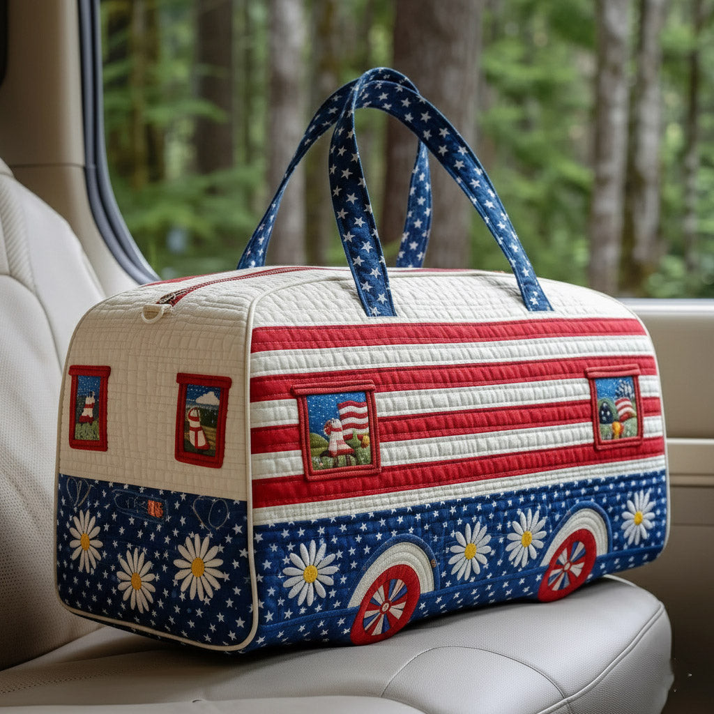 Americana Hippie Van Quilted Duffle Bag Patriotic Daisy Stars Stripes Best Gift Ideas