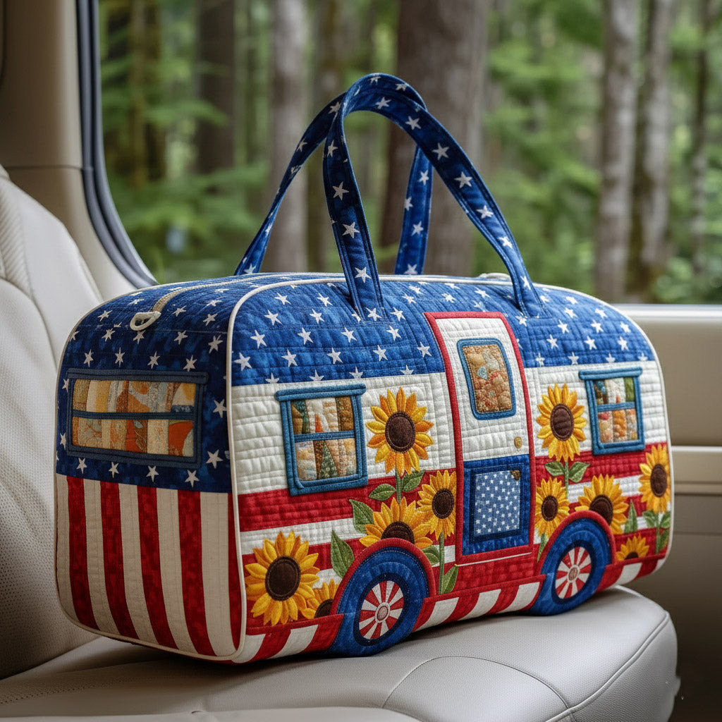 Americana Hippie Van Quilted Duffle Bag Patriotic Sunflower Stars Stripes Travel Bag