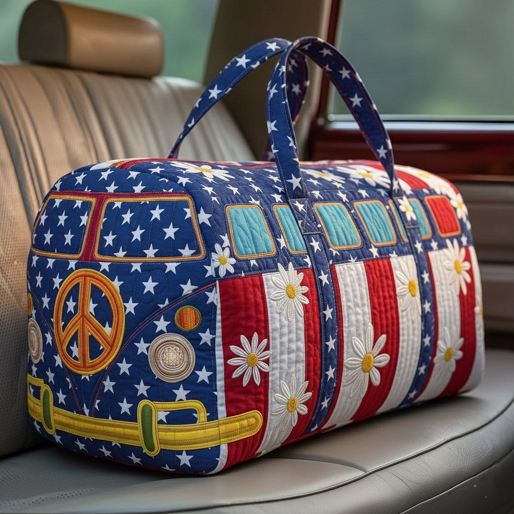 Americana Ride Hippie Van Quilted Duffle Bag Patriotic Stars Stripes Gift For Her