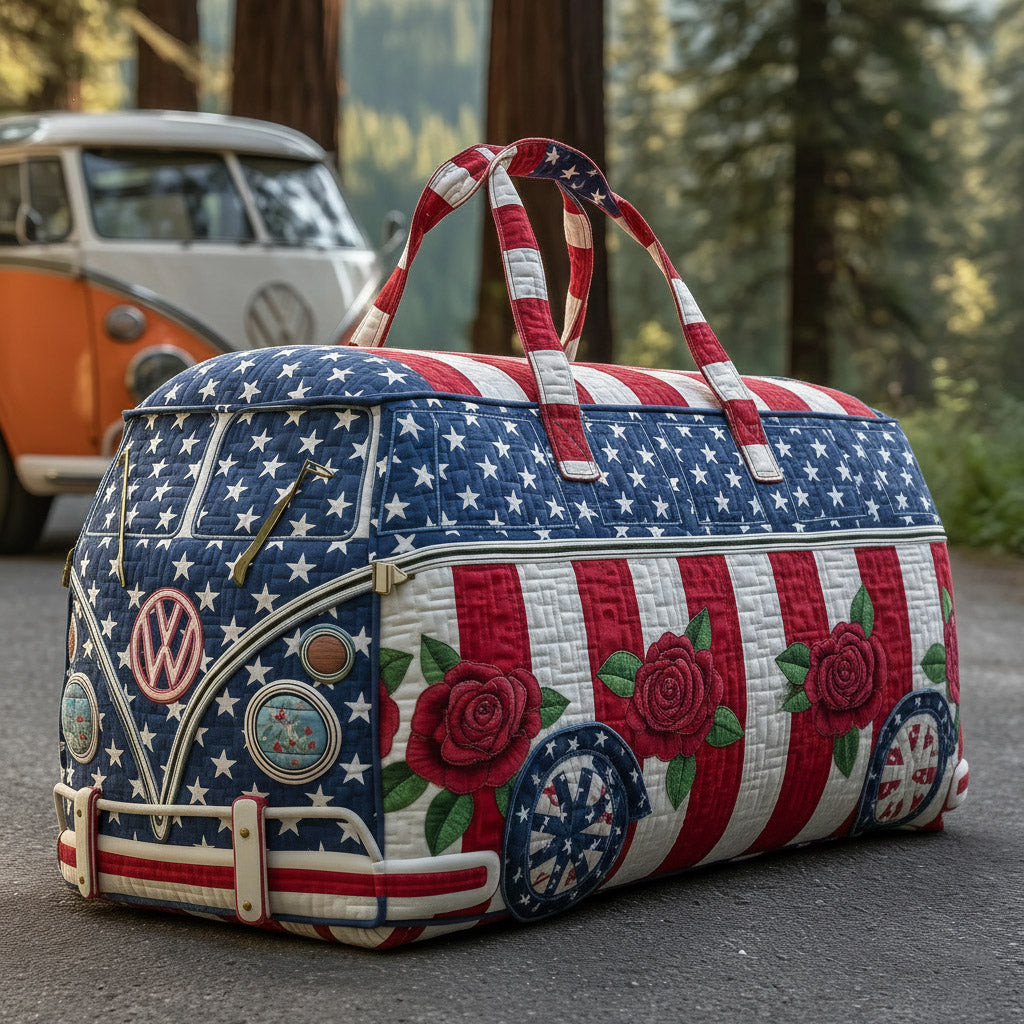 Americana Rose Van Quilted Duffle Bag USA Flag Floral Best Gift For Travel Lovers