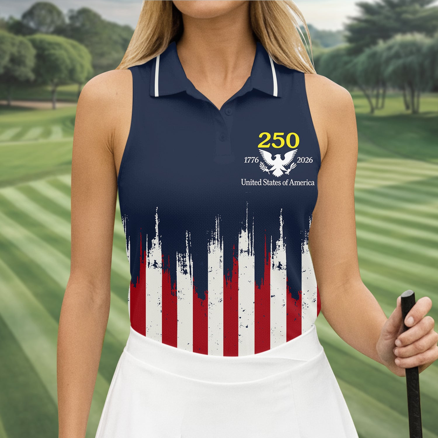 America's 250 Birthday Sleeveless Polo Shirt Splatter Painted American Flag Merchandise
