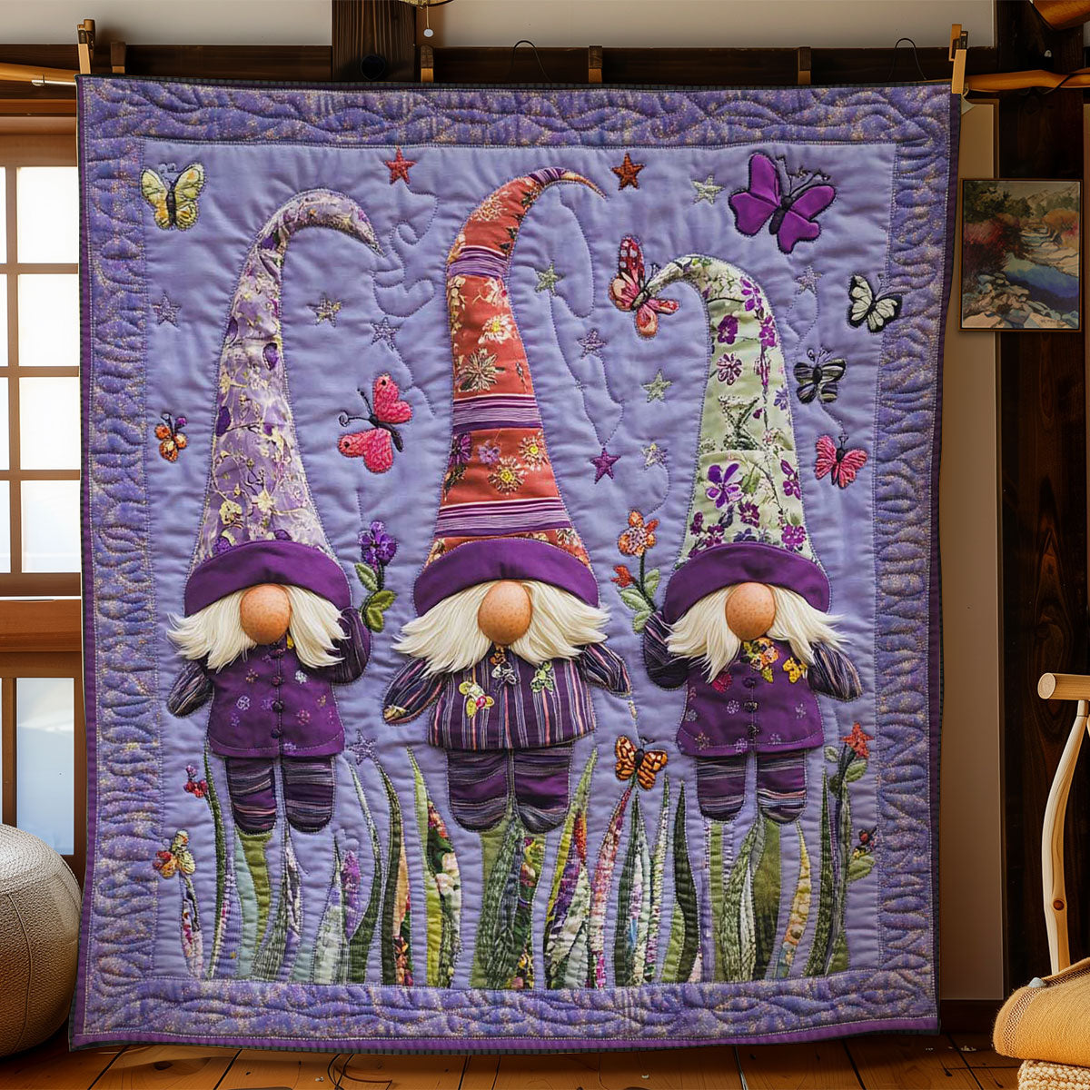 Amethyst Gnomes Quilt Blanket Spring Lavender And Butterfly Gifts For Gnome Lovers