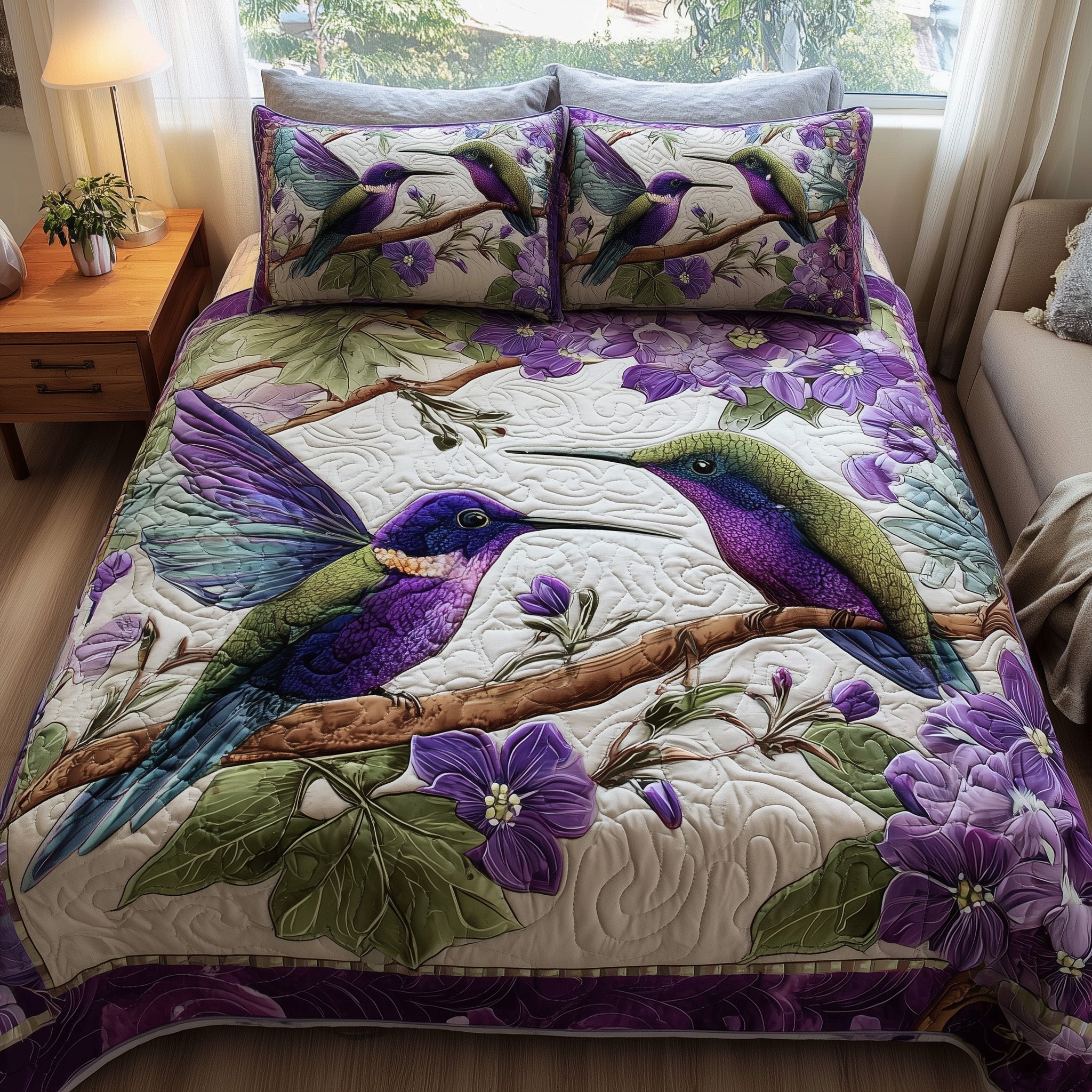 Amethyst Hummingbird Love Quilted Bedding Set Farmhouse Style