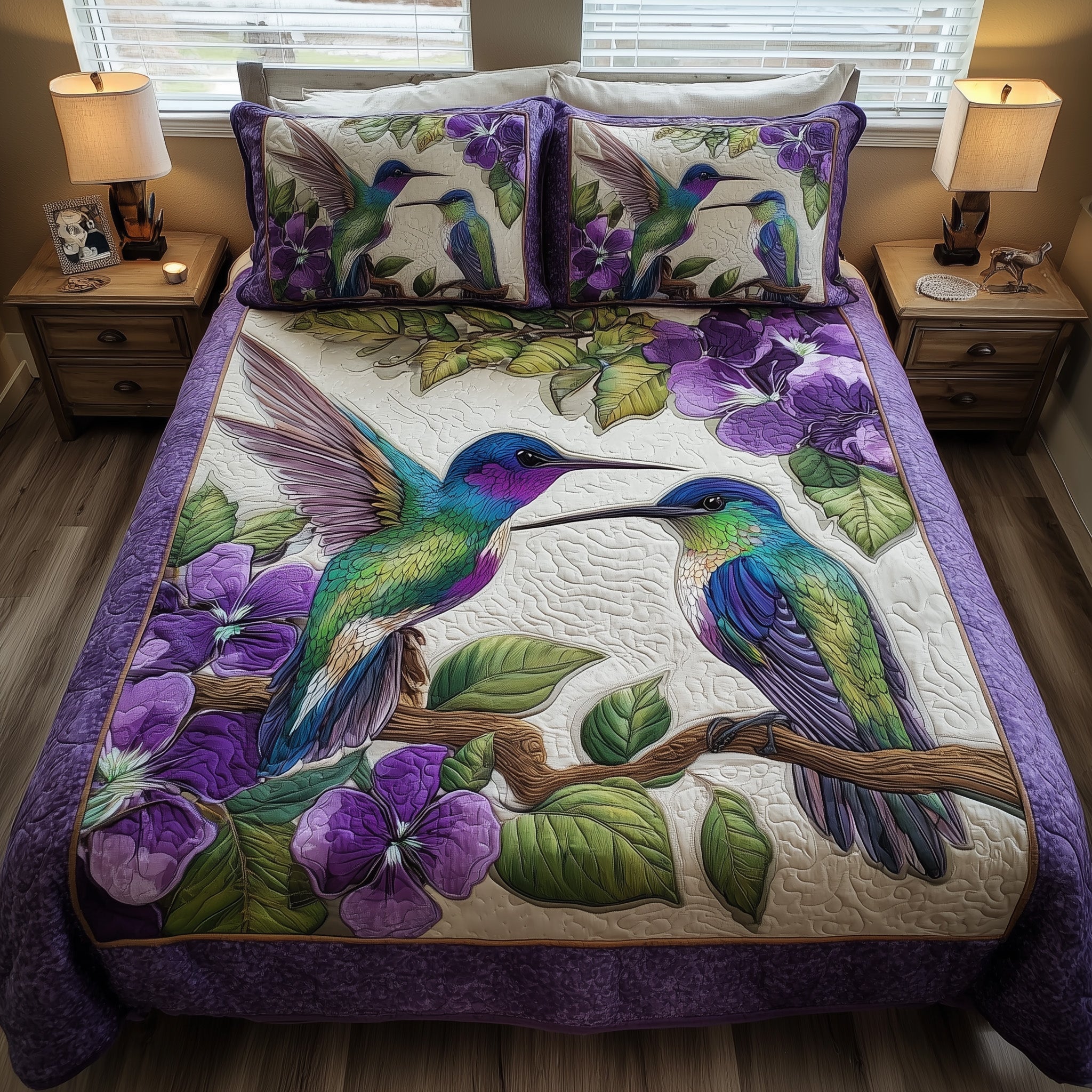 Amethyst Hummingbird Love Quilted Bedding Set Modern Design