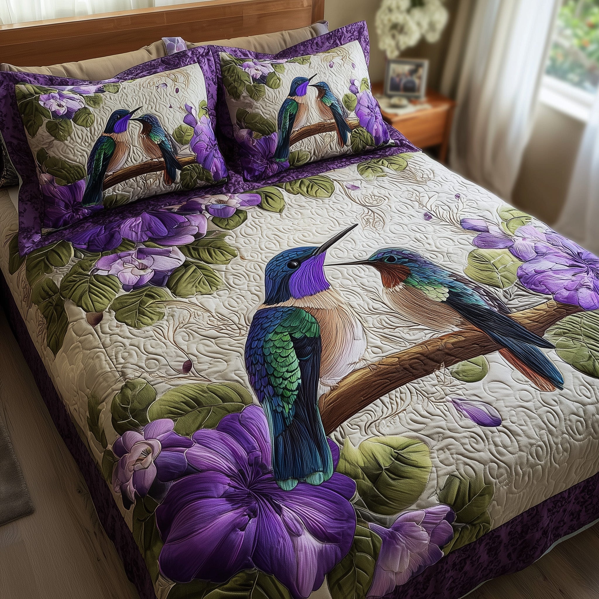 Amethyst Love Quilted Bedding Set Duvet Cover Bedspread Beautiful Hummingbird Gifts